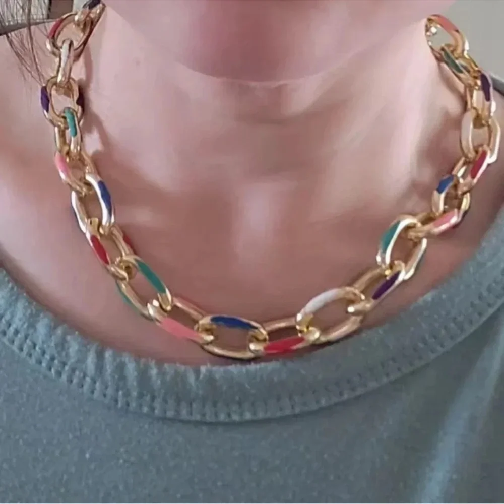 Cuban Color Block Chain Gold Link Necklace - Picture 5 of 8